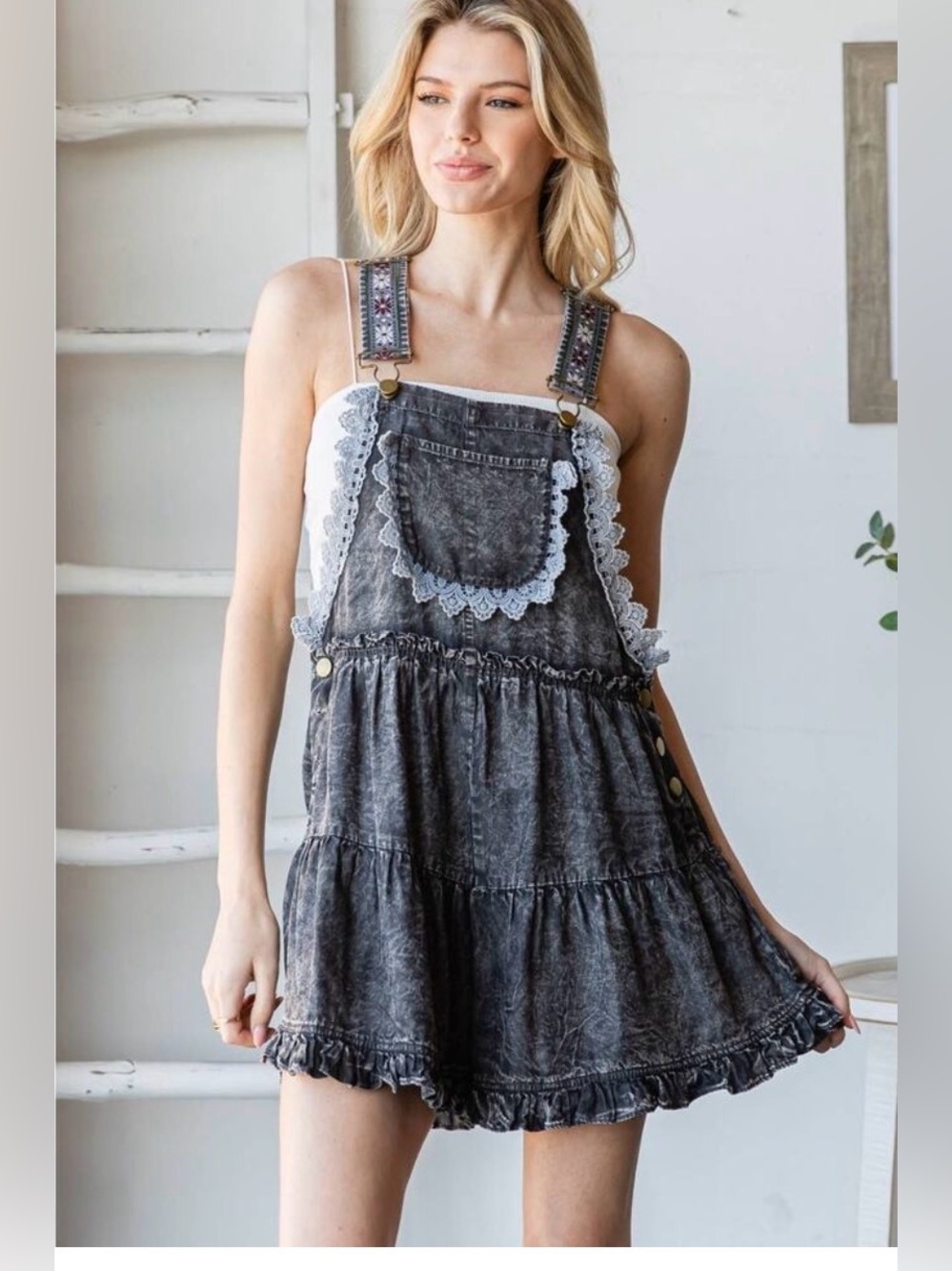Washed Black Lace-Trim Overall Dress - Women's Casual Sundress